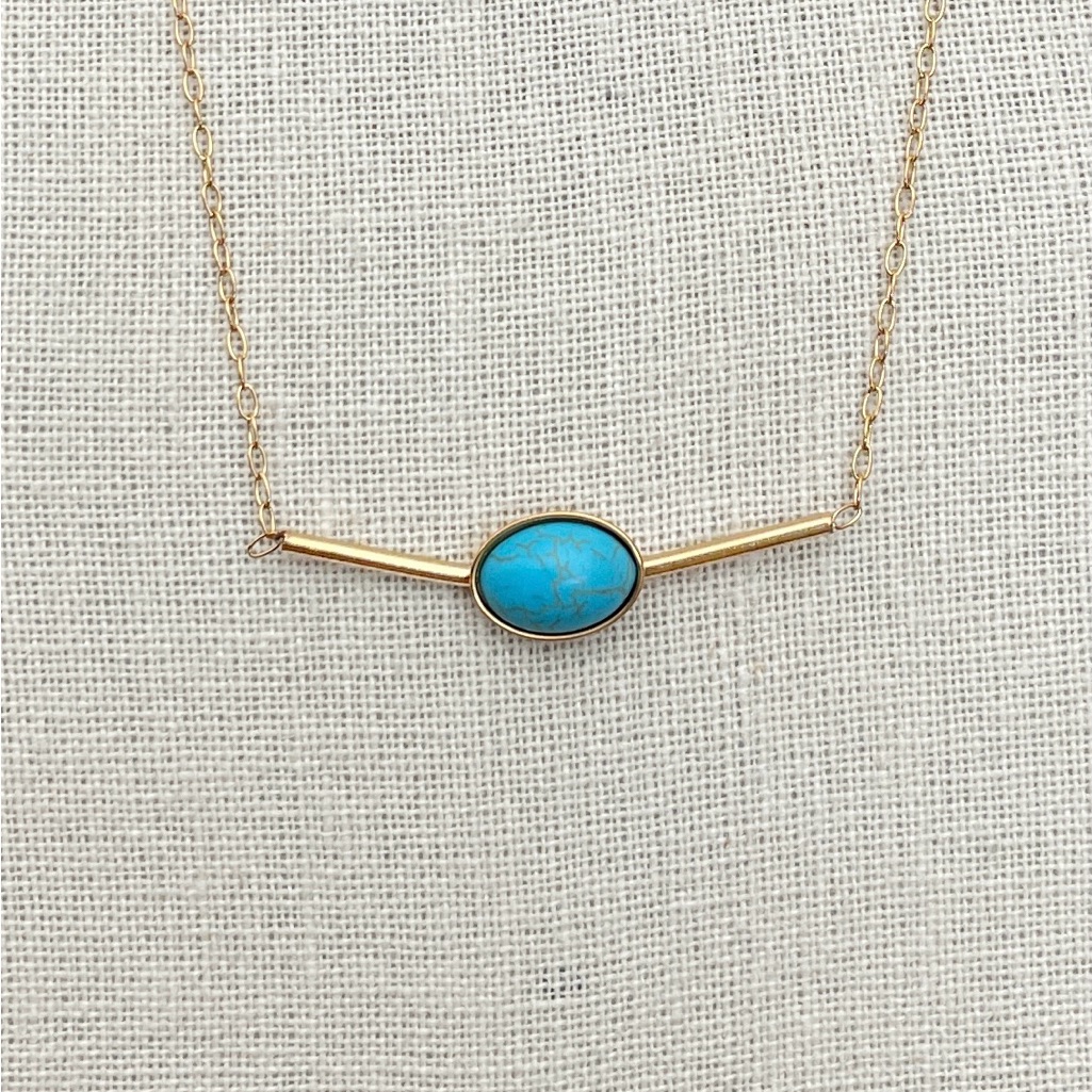 Stainless Steel Bar Necklace With Turquoise - Gold